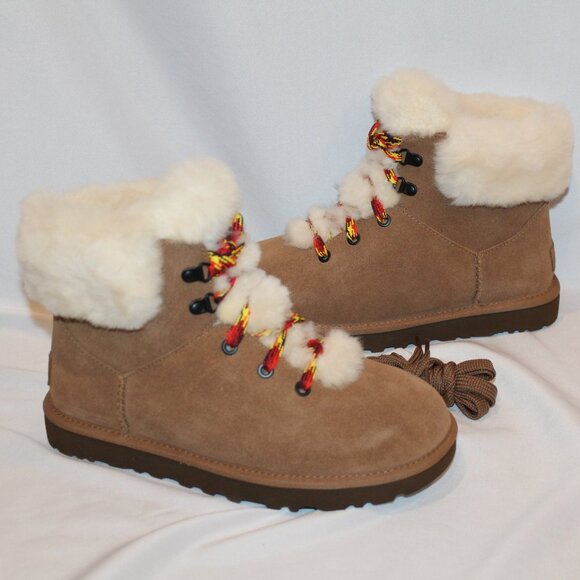 NIB UGG WOMEN'S MINI ALPINE LACE UP SUEDE SHEARLING LINED BOOTS CHESTNUT - Picture 2 of 8